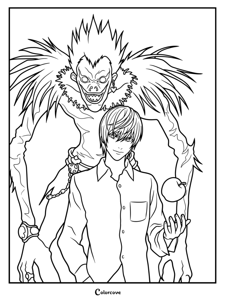 Un dibujo imprimible de Death Note para colorear con Light Yagami y el Shinigami Ryuk sosteniendo una manzana.
