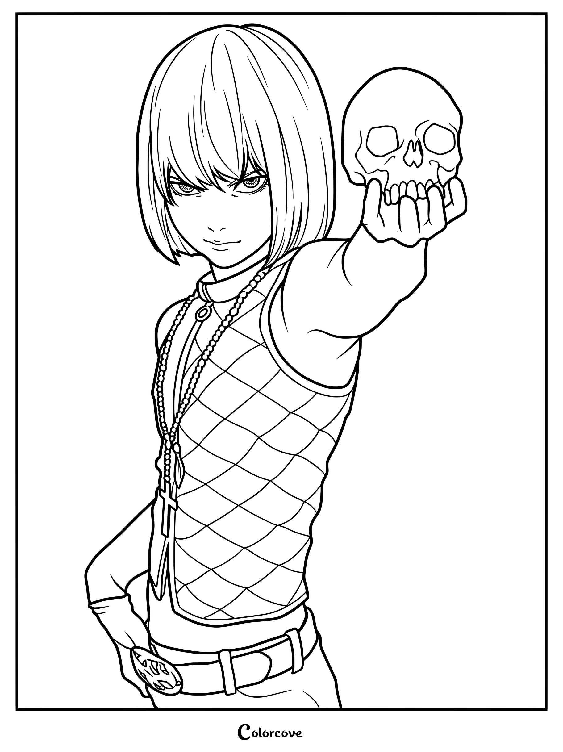Dibujo para colorear de Mello (Mihael Keehl) de la serie de anime y manga Death Note sosteniendo una calavera humana, recordando una pose clásica al estilo de Hamlet