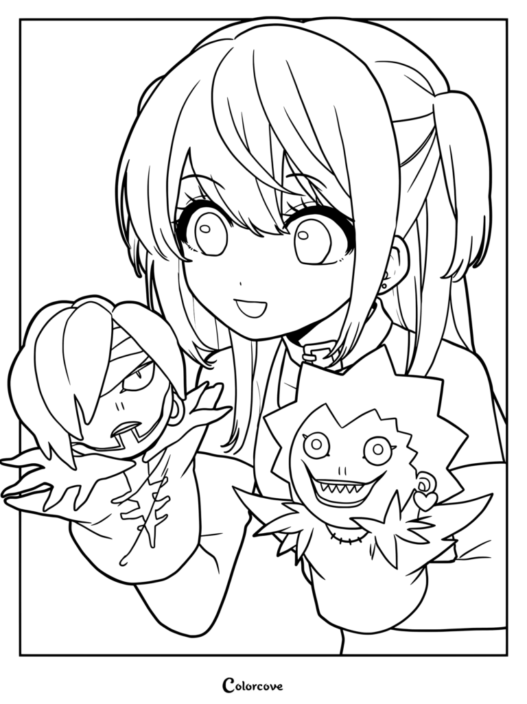 Dibujo para colorear de Misa Amane de Death Note sosteniendo títeres de mano de los shinigami Rem y Ryuk