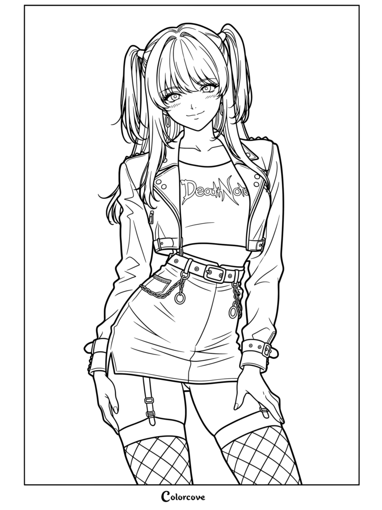Dibujo imprimible para colorear de Misa Amane de Death Note que la muestra con un top corto, chaqueta de cuero, falda y medias de red.