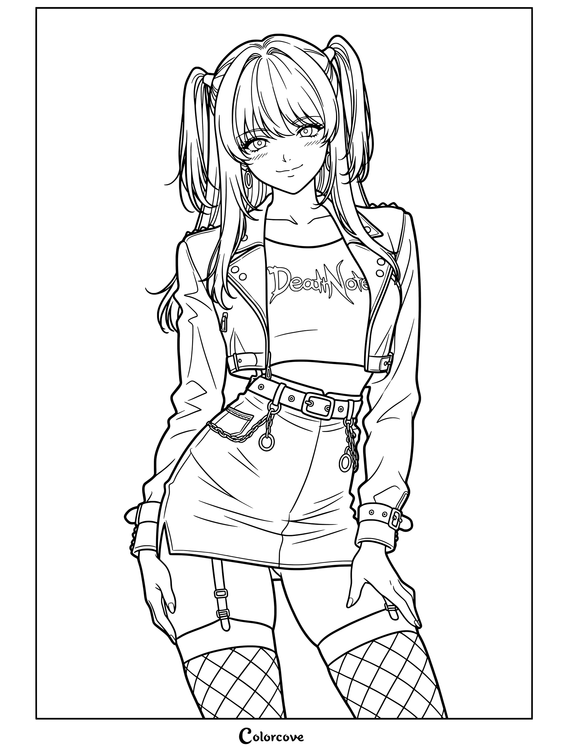 Dibujo imprimible para colorear de Misa Amane de Death Note que la muestra con un top corto, chaqueta de cuero, falda y medias de red.