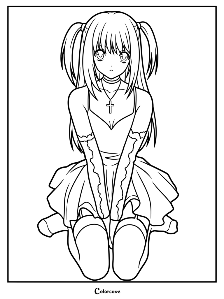 Dibujo para colorear de Misa Amane de Death Note que la presenta arrodillada con un vestido y un collar con cruz.