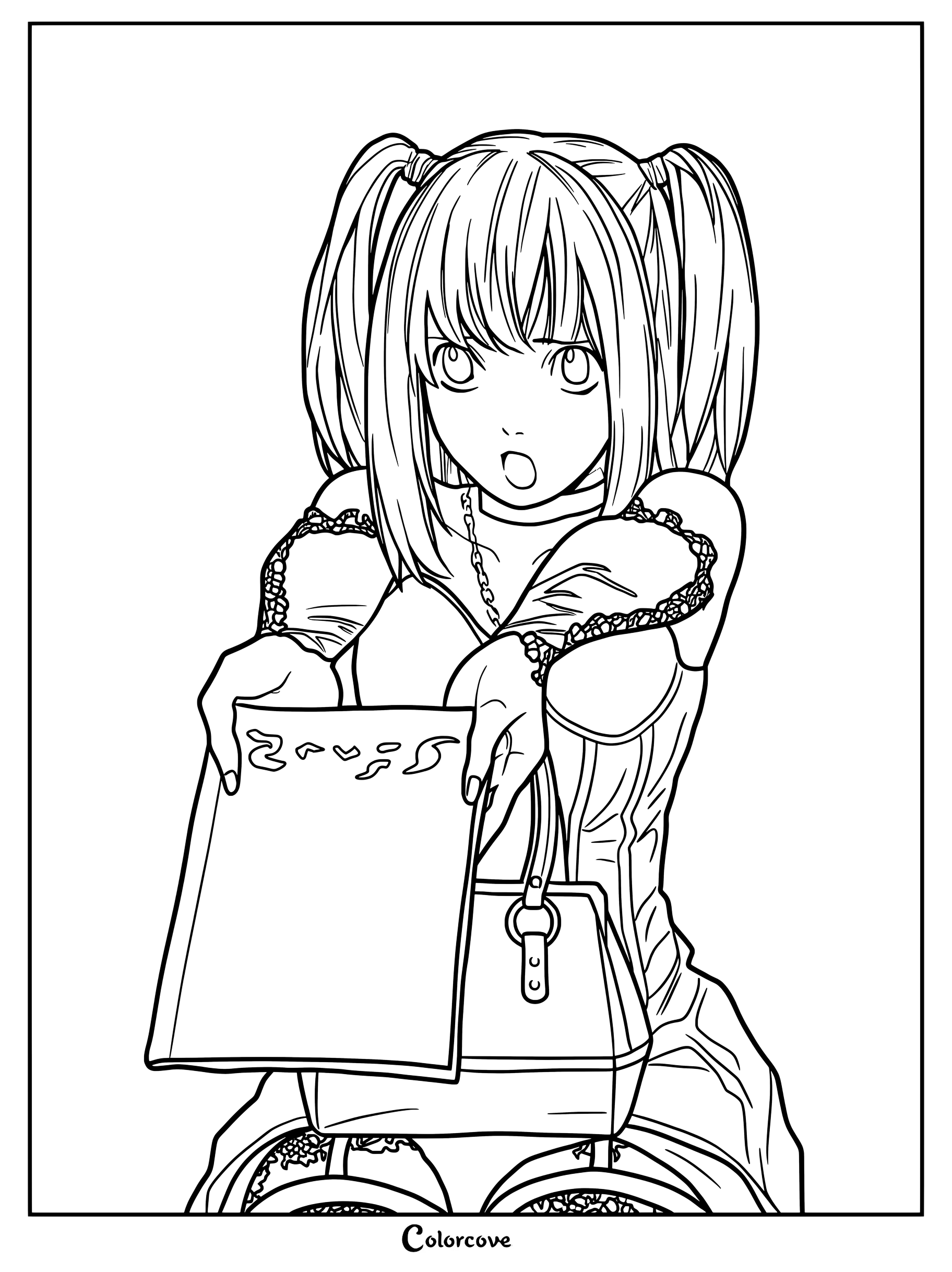 Misa Amane de Death Note sosteniendo un cuaderno en un dibujo para colorear.