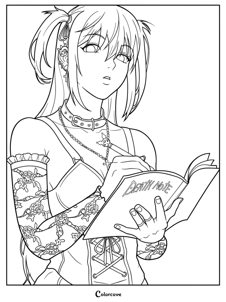 Dibujo para colorear de Misa Amane de Death Note que la muestra con coletas y mangas florales escribiendo en su cuaderno.