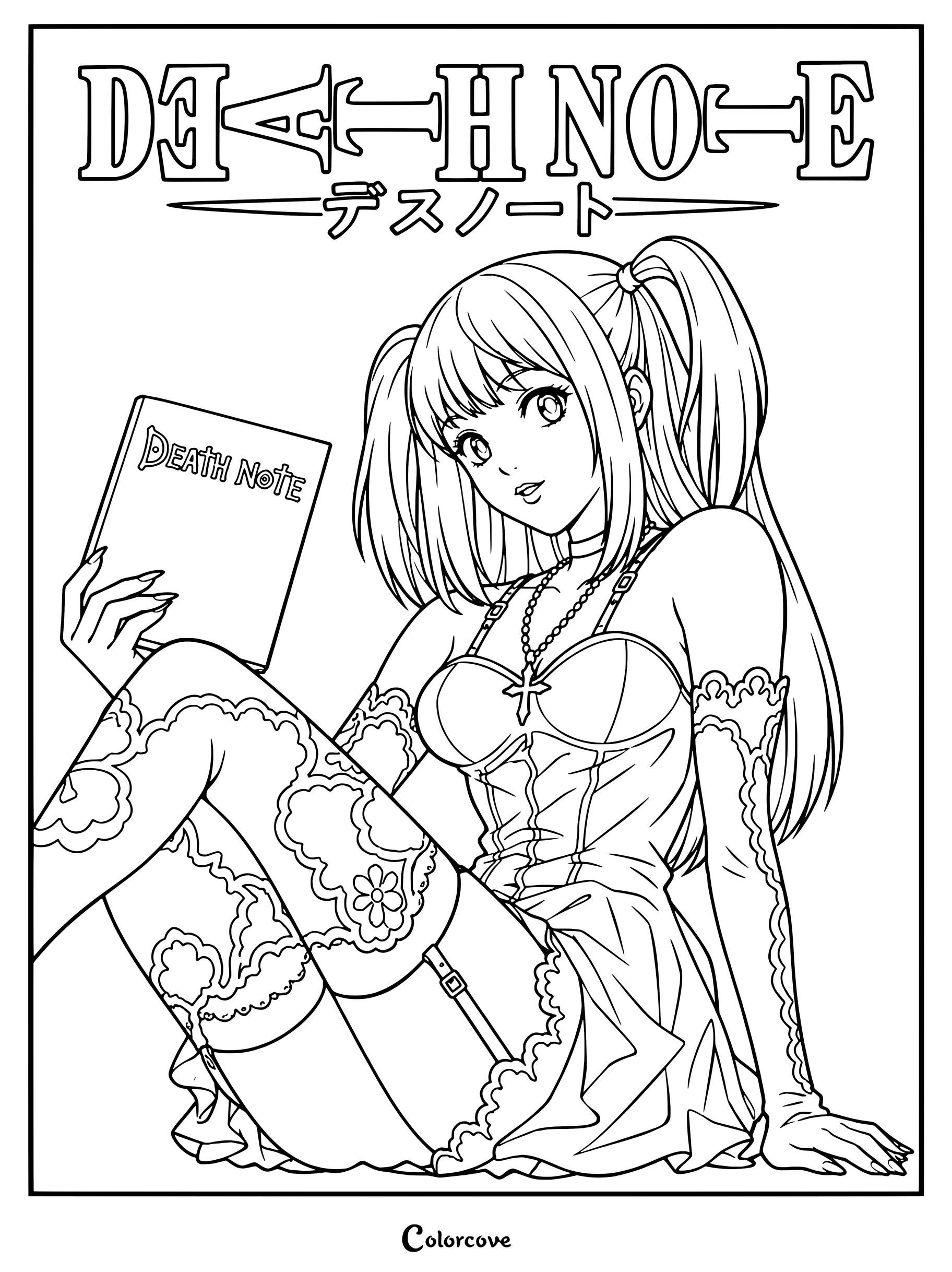 Misa Amane sosteniendo un cuaderno en este dibujo de Death Note para colorear