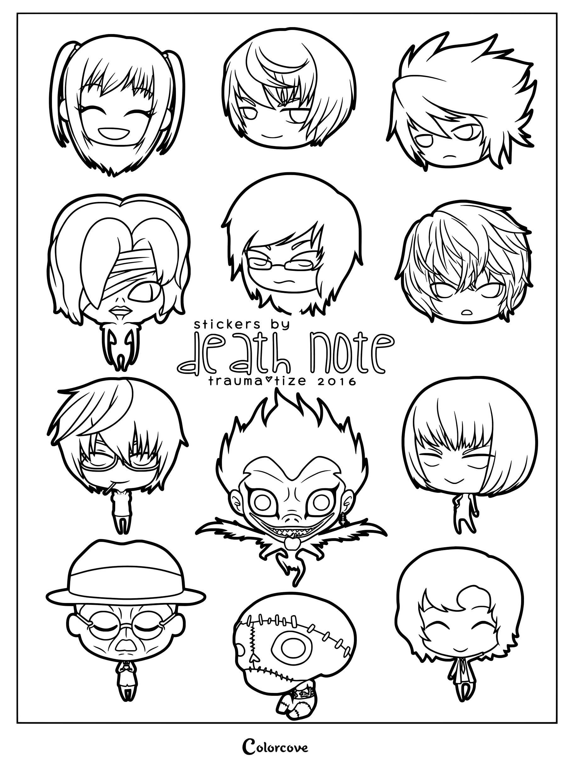 La imagen presenta una colección de ilustraciones de pegatinas chibi hechas por fans de los personajes de la serie de anime y manga Death Note para colorear.