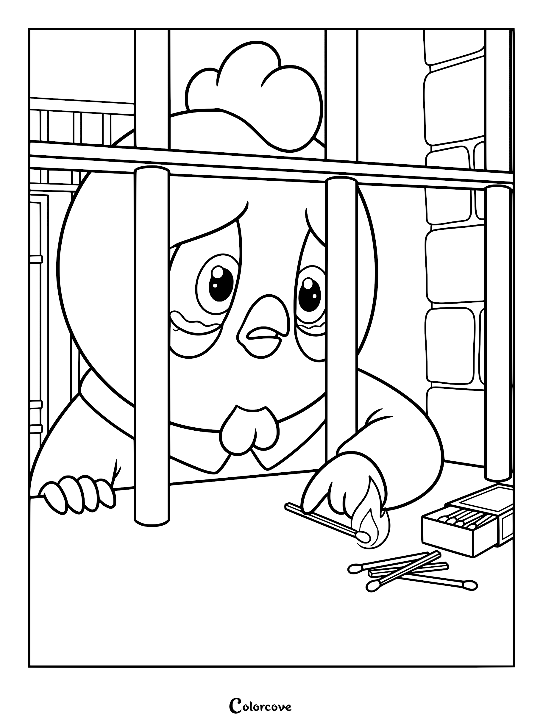 Detailed line art coloring page of a Chicken Crazy character behind iron bars lighting a matchstick on a table.