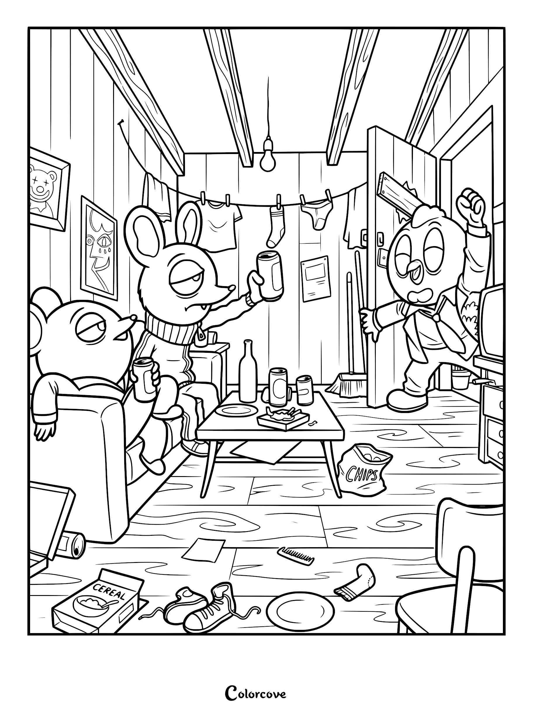 A detailed coloring page of Arnold and Ramiro sitting on a sofa in a cluttered room. The line art shows hanging laundry, scattered soda cans, a cereal box, and a character barging through a broken doorway.