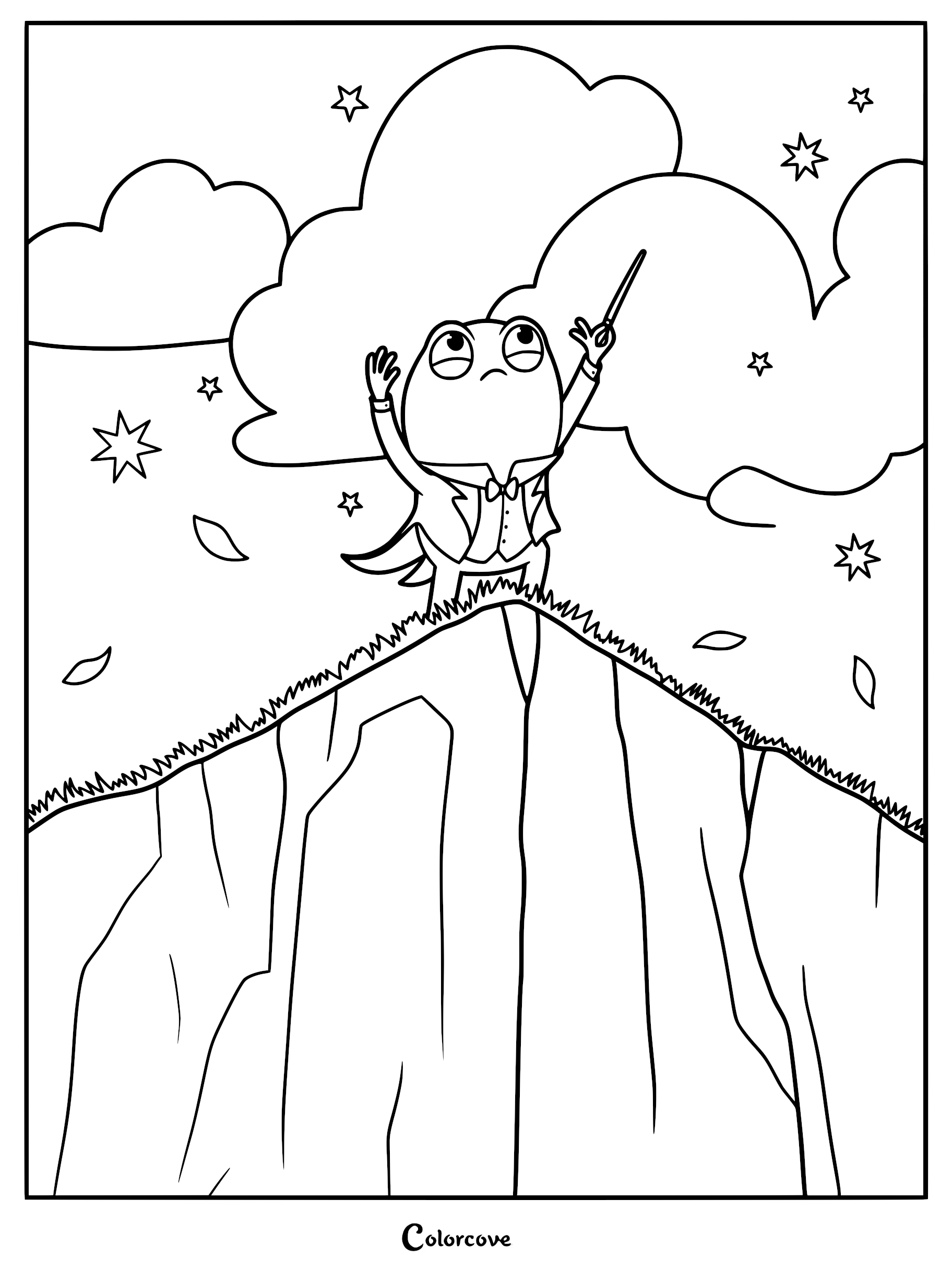 A detailed coloring page of the frog from Decorado wearing a tuxedo and conducting music on a cliff under the stars.
