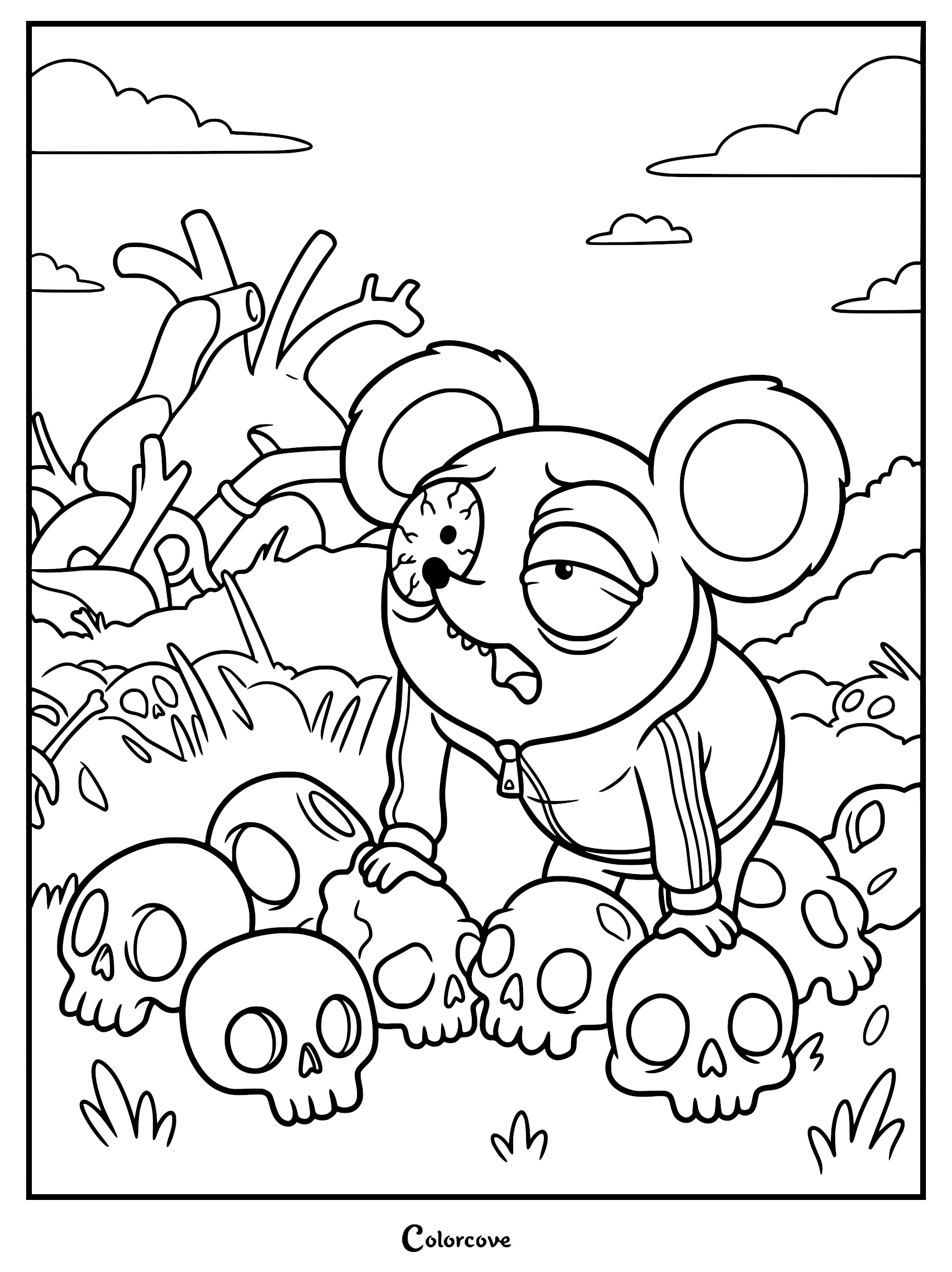 Detailed coloring page of Ramiro with a frantic expression and bulging eye, standing amidst human skulls with a giant anatomical heart in the background landscape.
