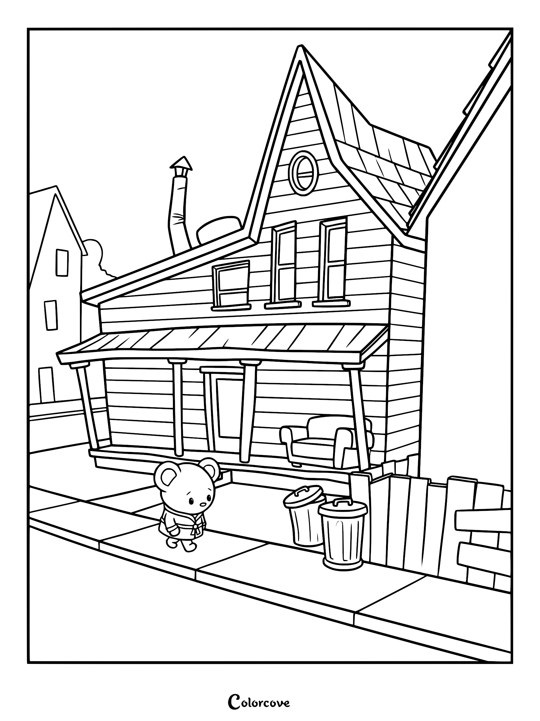 A line art coloring page of Maria wearing his bathrobe while walking along a sidewalk past a large wooden house with trash cans.