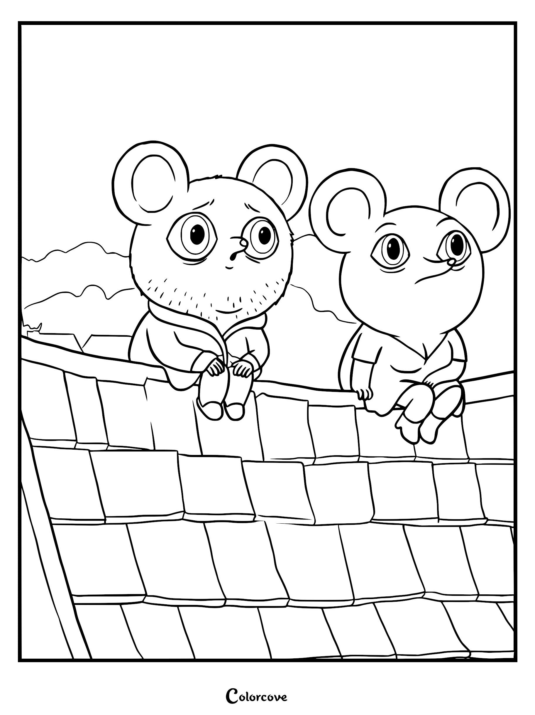 Decorado line art coloring page featuring Arnold in a bathrobe and María sitting on a tiled roof with weary expressions.