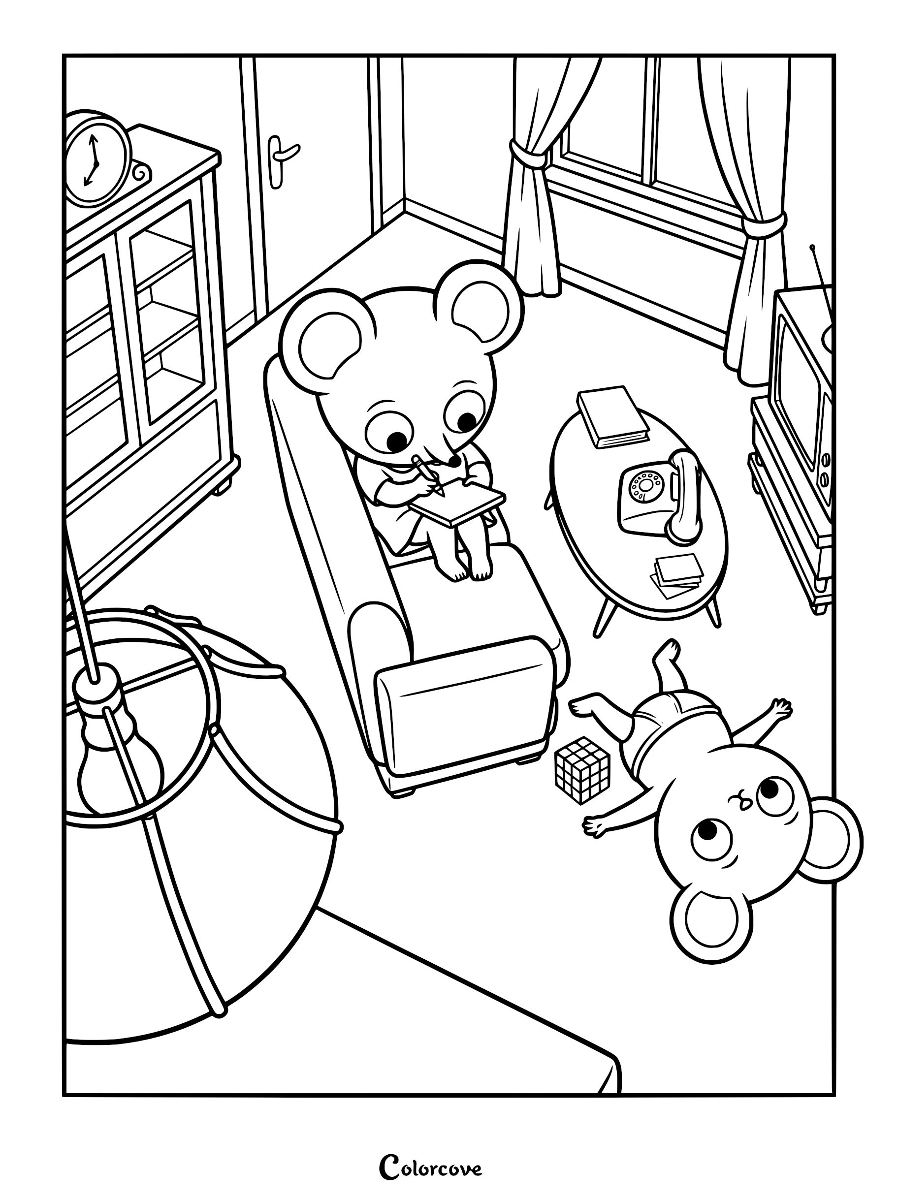 Detailed line art coloring page of Maria sitting on a sofa writing in a notepad in a retro living room with a rotary phone and television.