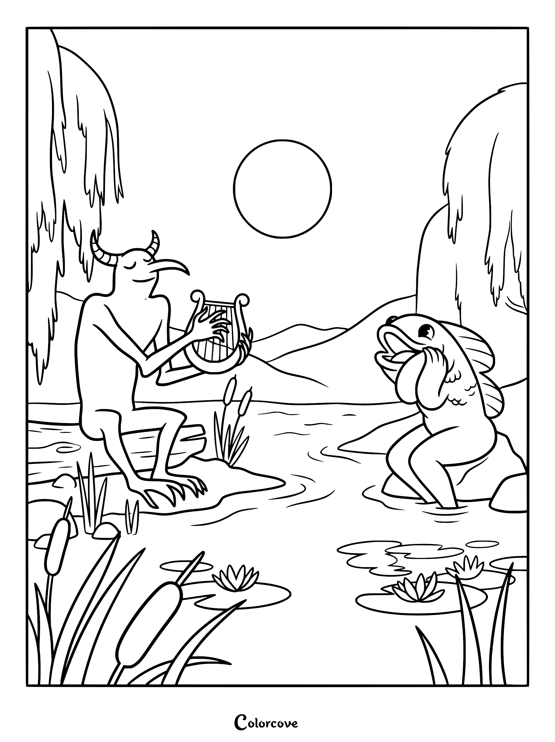 A detailed Decorado coloring page featuring a horned creature playing a lyre for a seated fish-human hybrid beside a river.