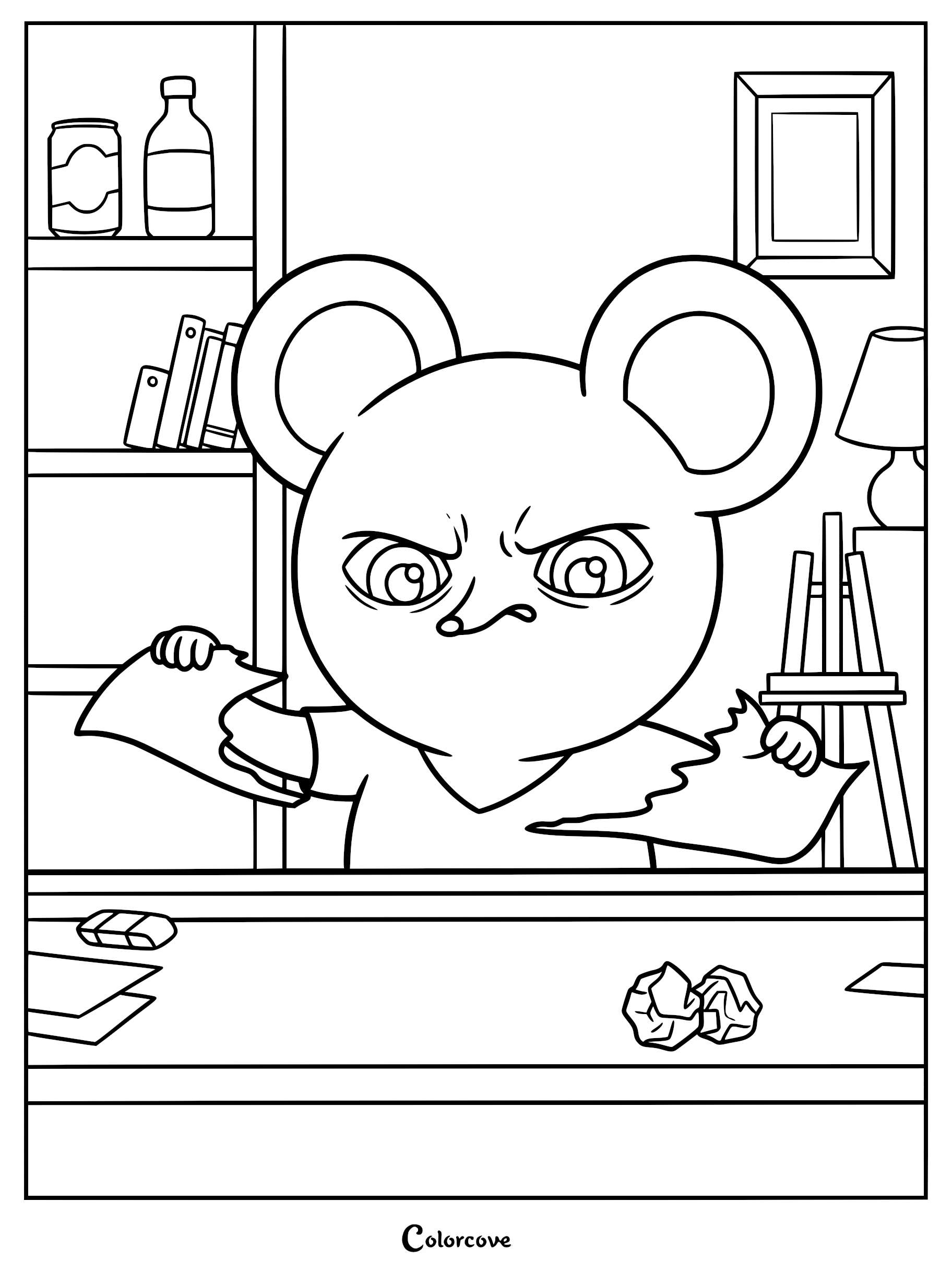 An intricate coloring page of Maria with wide, angry eyes ripping a piece of paper in half. He stands at a desk with an eraser and balled-up paper, while the background shows a bookshelf, a framed picture, and an artist's easel.