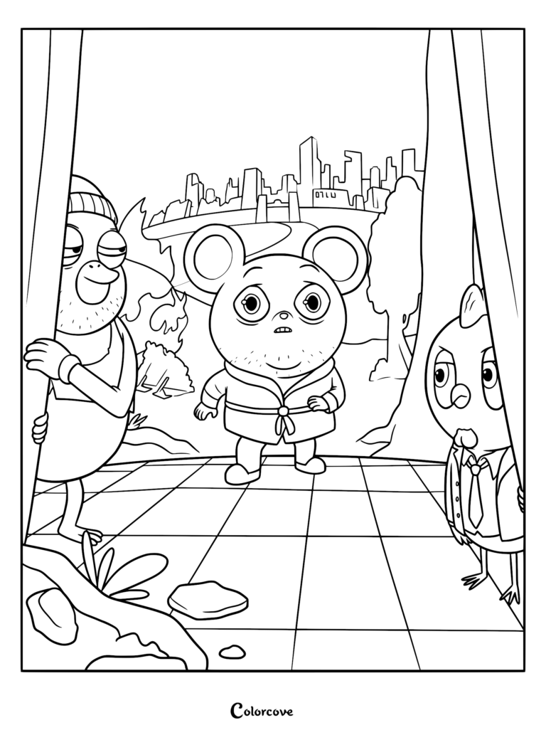 An intricate coloring page of Arnold wearing a bathrobe on a checkered stage floor, flanked by open curtains with a city skyline and onlookers in the background.