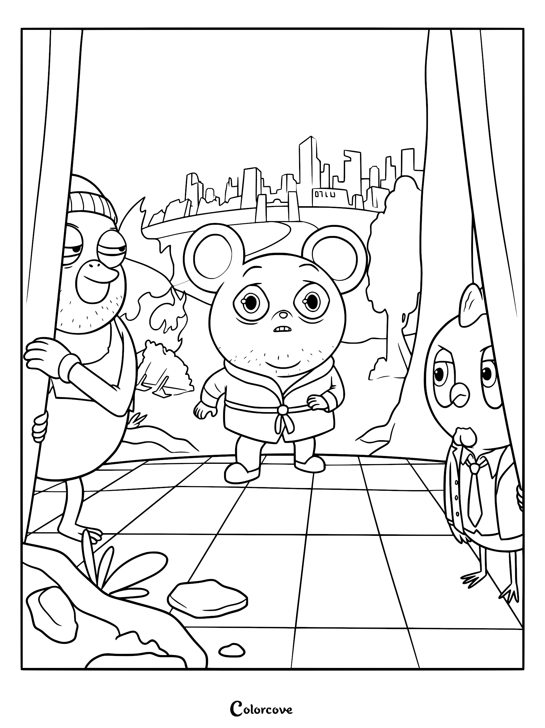 An intricate coloring page of Arnold wearing a bathrobe on a checkered stage floor, flanked by open curtains with a city skyline and onlookers in the background.