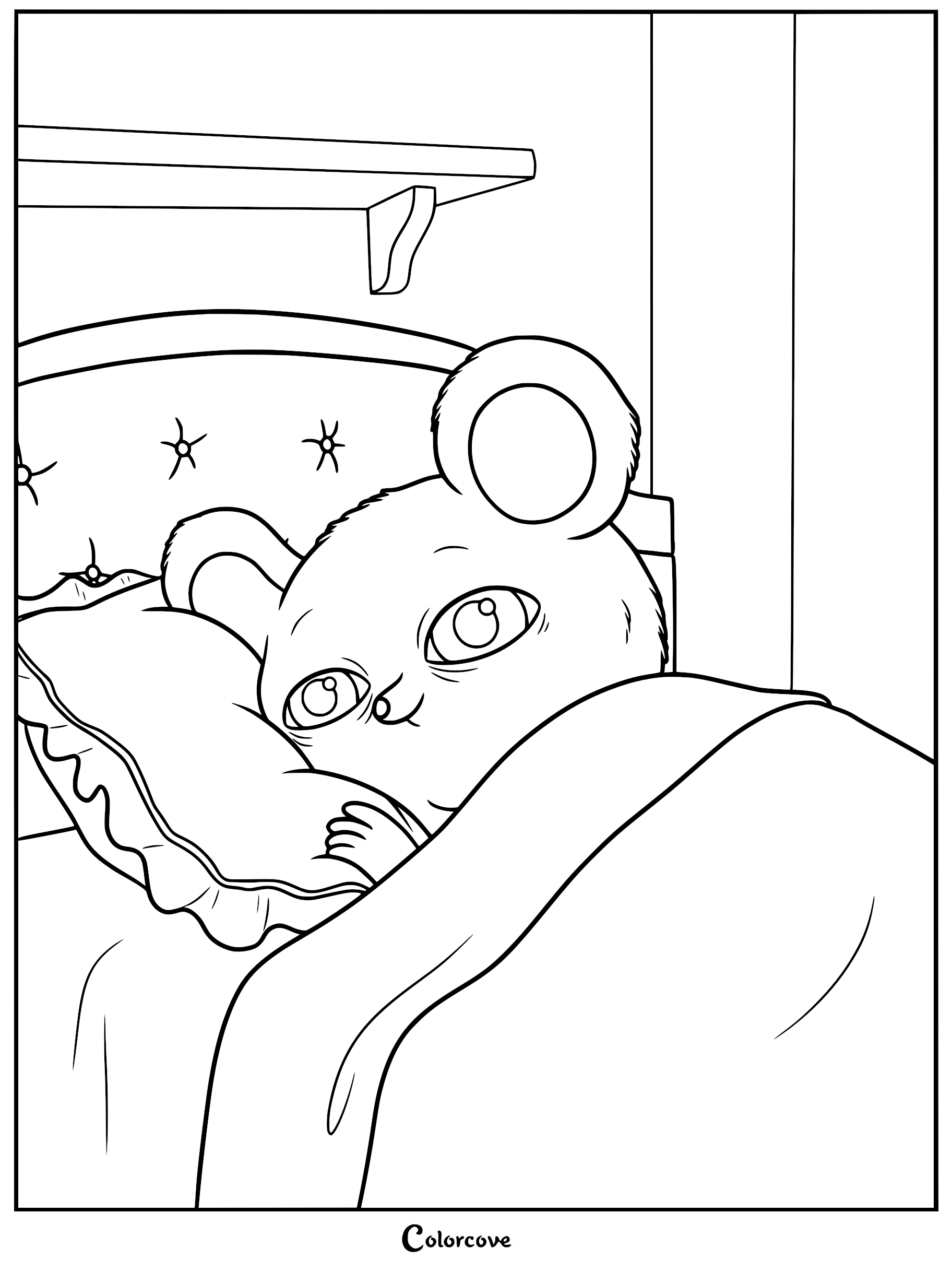 A detailed line art coloring page of Maria lying in bed with wide, weary eyes, resting his head on a ruffled pillow under a heavy blanket.