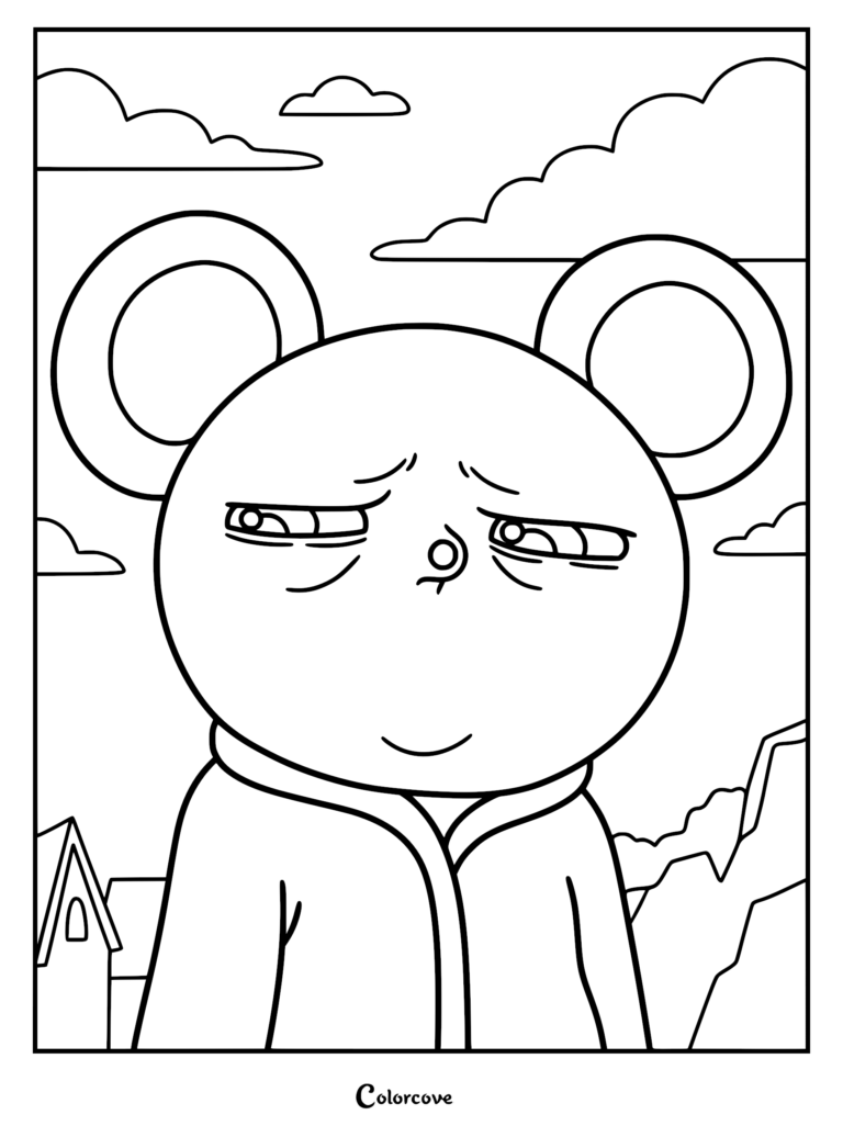 A detailed line art coloring page of Arnold from Decorado, featuring his signature weary eyes and bathrobe against a backdrop of clouds and a small house.