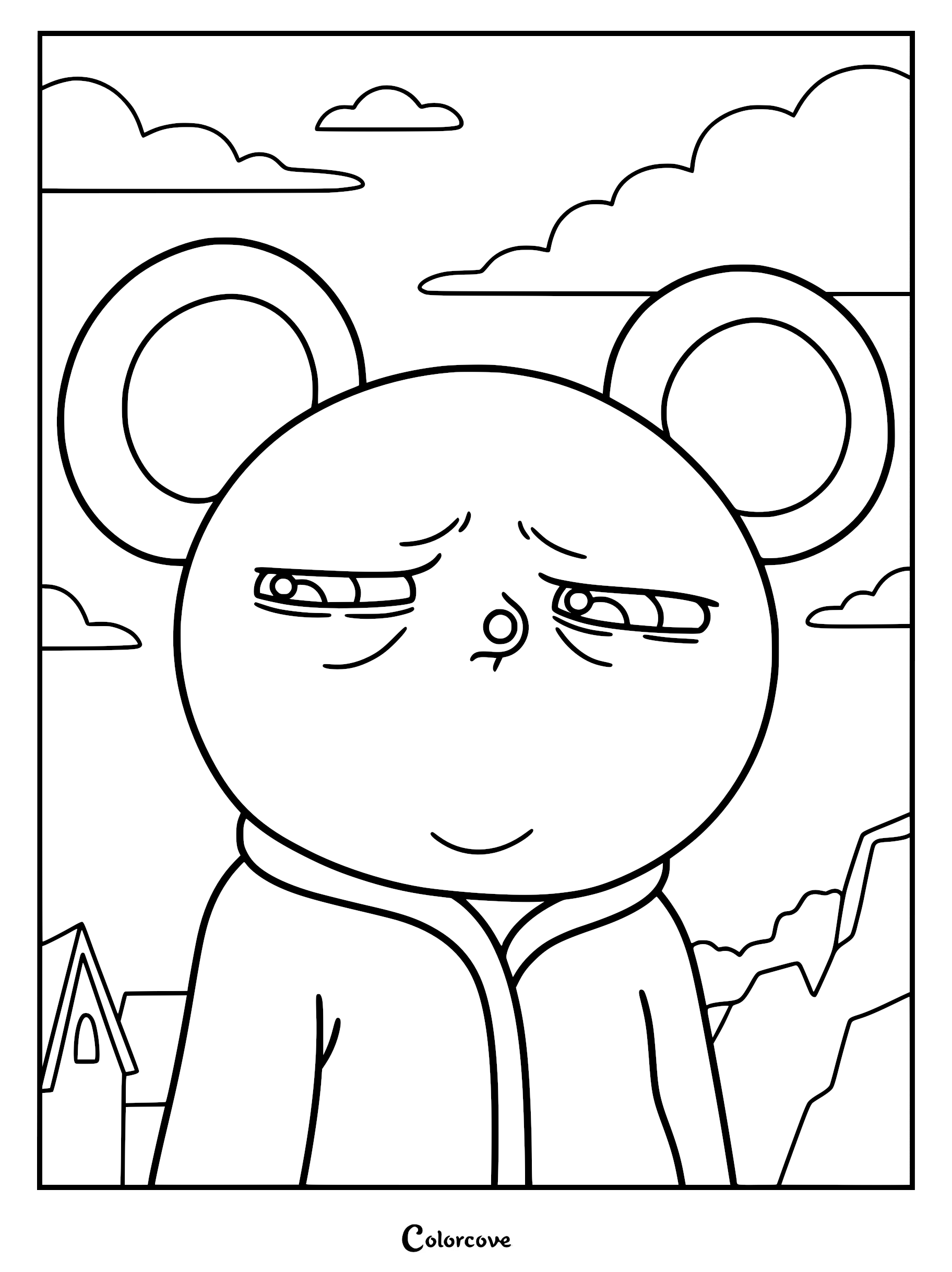 A detailed line art coloring page of Arnold from Decorado, featuring his signature weary eyes and bathrobe against a backdrop of clouds and a small house.