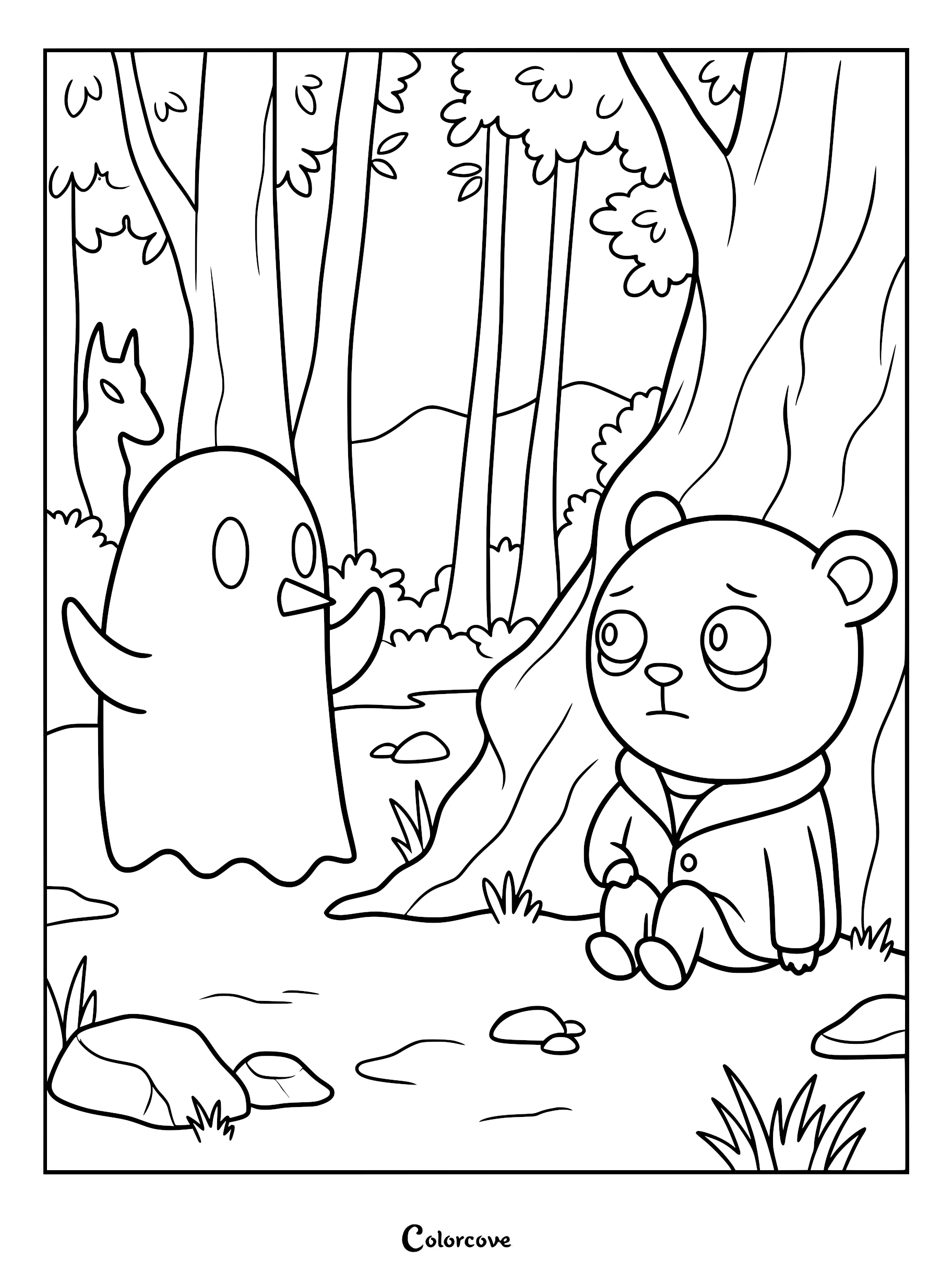 A detailed Decorado coloring page showing Maria sitting wearily in his bathrobe against a large tree trunk while a ghost-like figure floats in a dense forest.