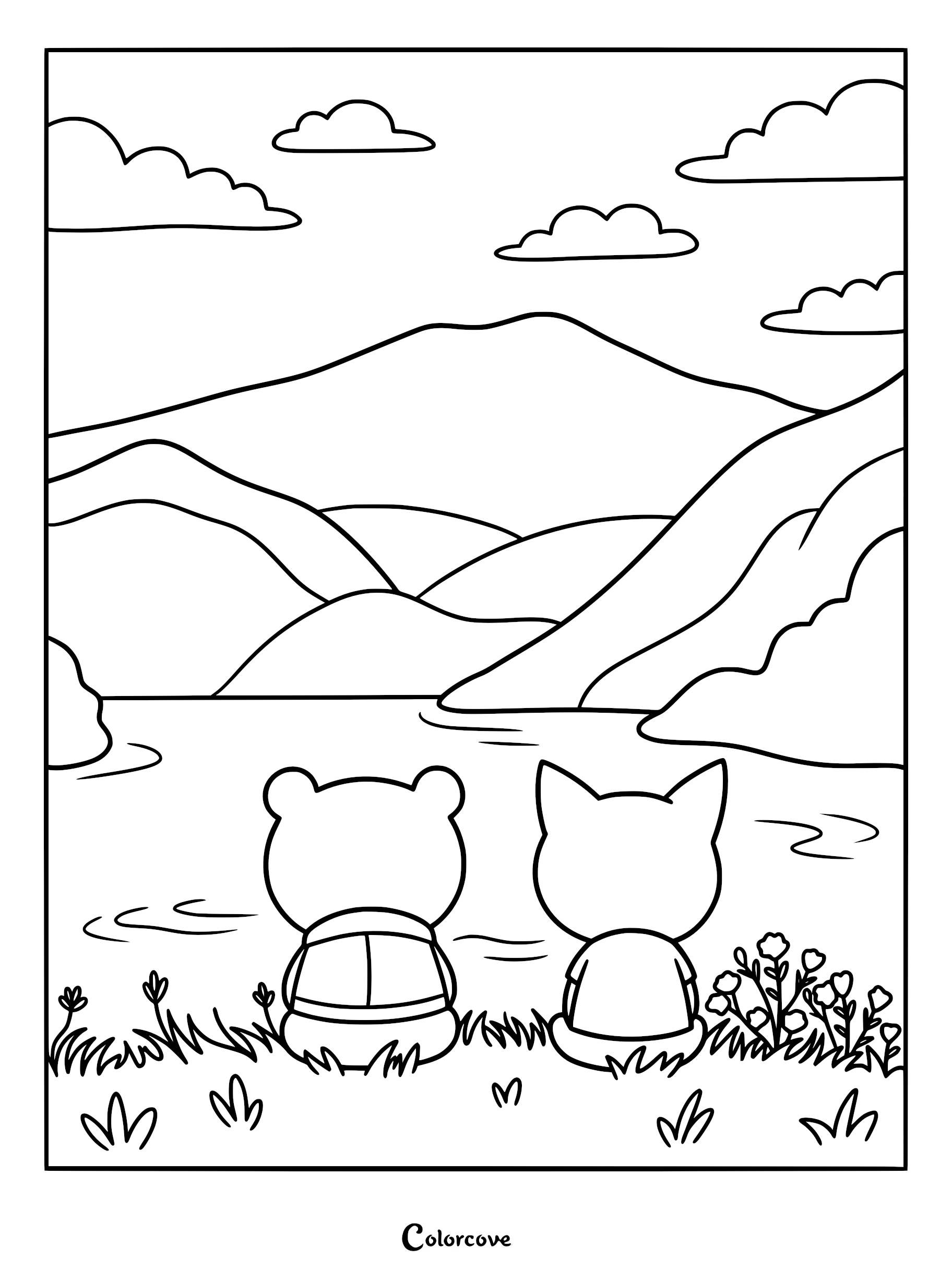 A detailed Decorado coloring page featuring Arnold and María from behind, sitting on a grassy shore with flowers while looking at a calm lake and mountain range.