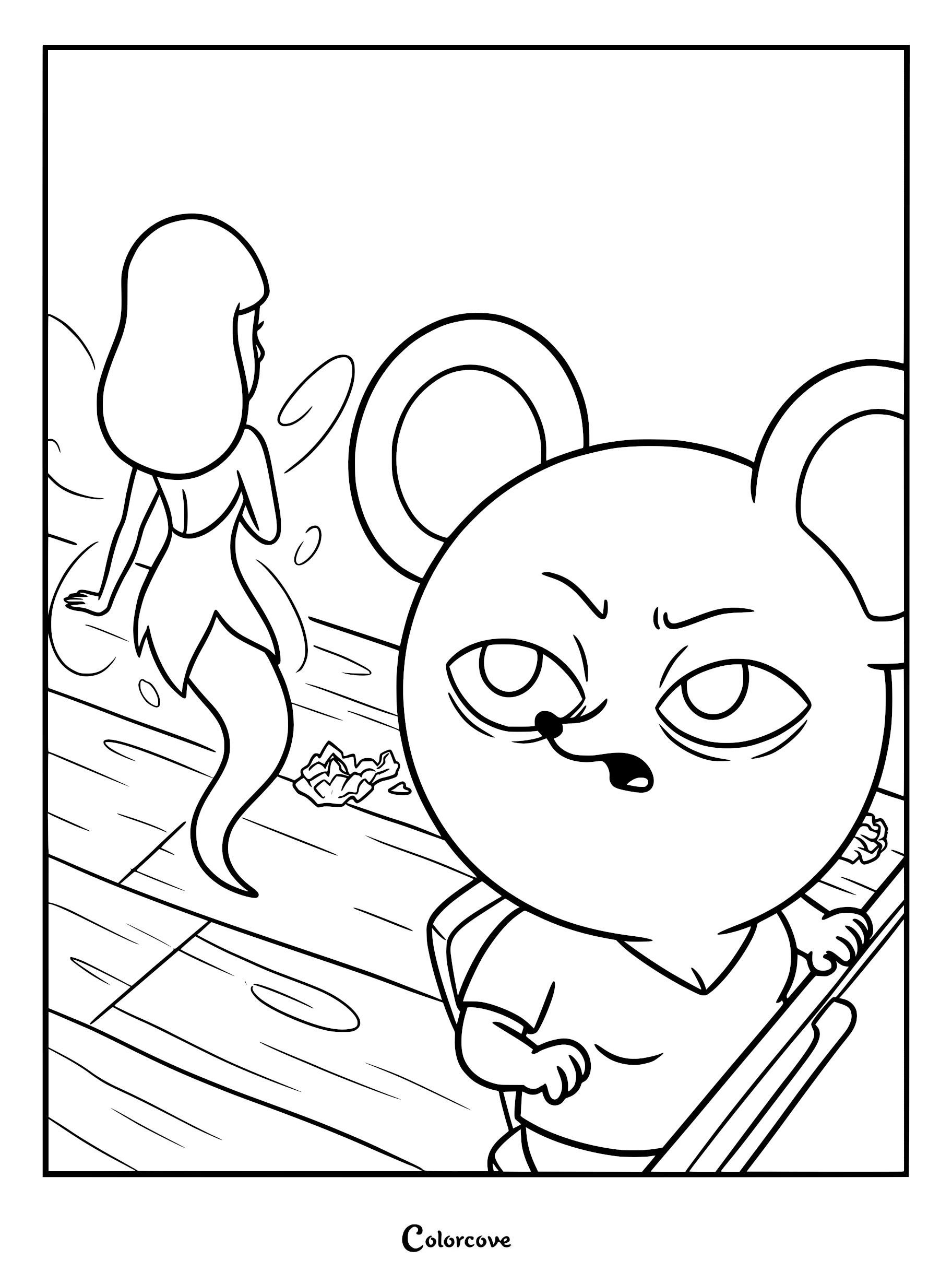 A line art coloring page featuring Maria with heavy drooping eyes and large round ears looking weary, while a small winged fairy hovers behind him on a wooden floor with paper scraps.