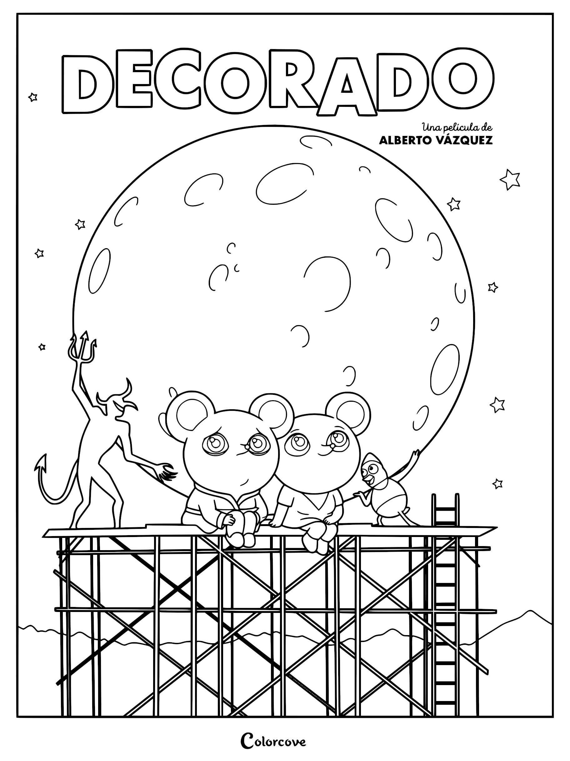 Detailed line art coloring page of Arnold in a bathrobe and María sitting on wooden scaffolding in front of a giant cratered moon with a devil figure and stars.