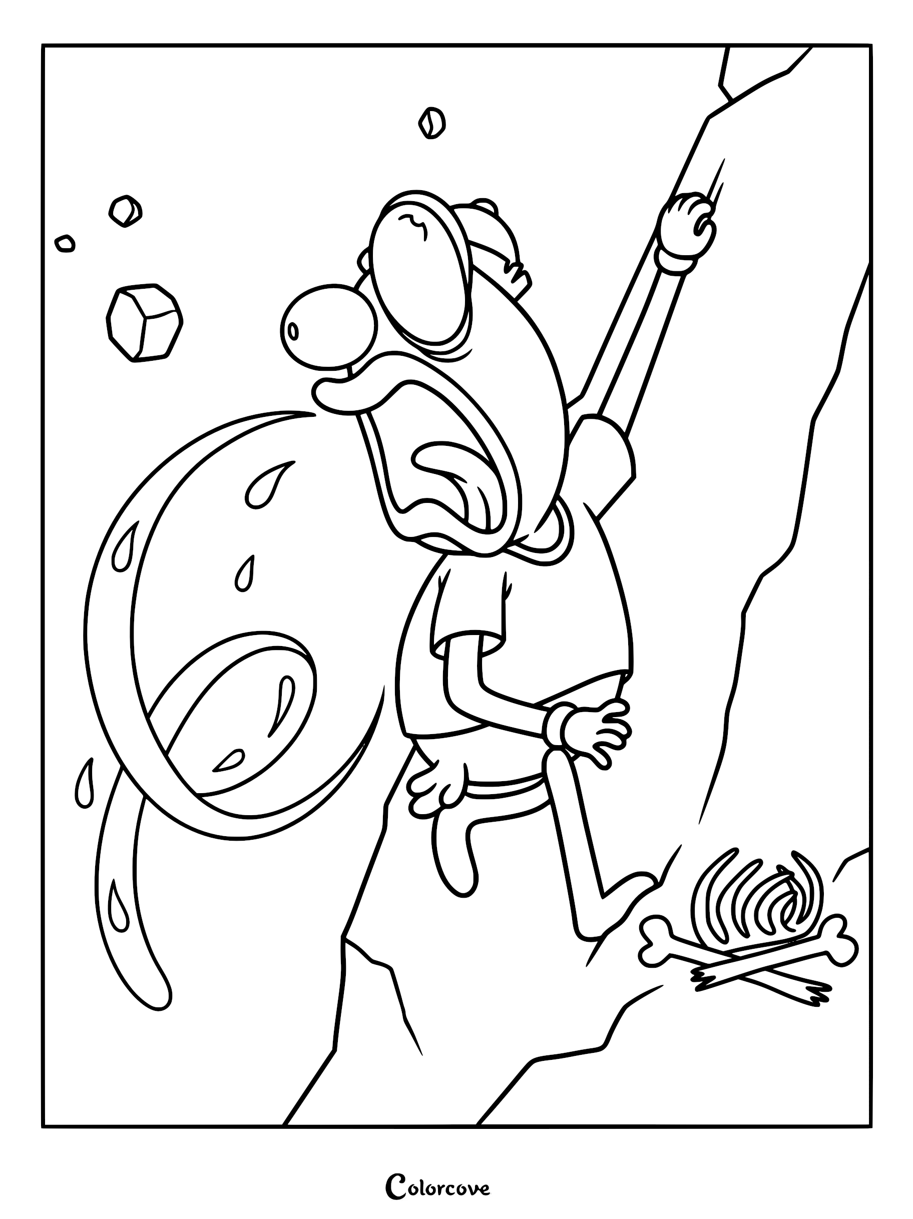 A frantic Ramiro clings to a steep rock face in this Decorado coloring page, featuring falling rocks and a skeleton on a ledge below.