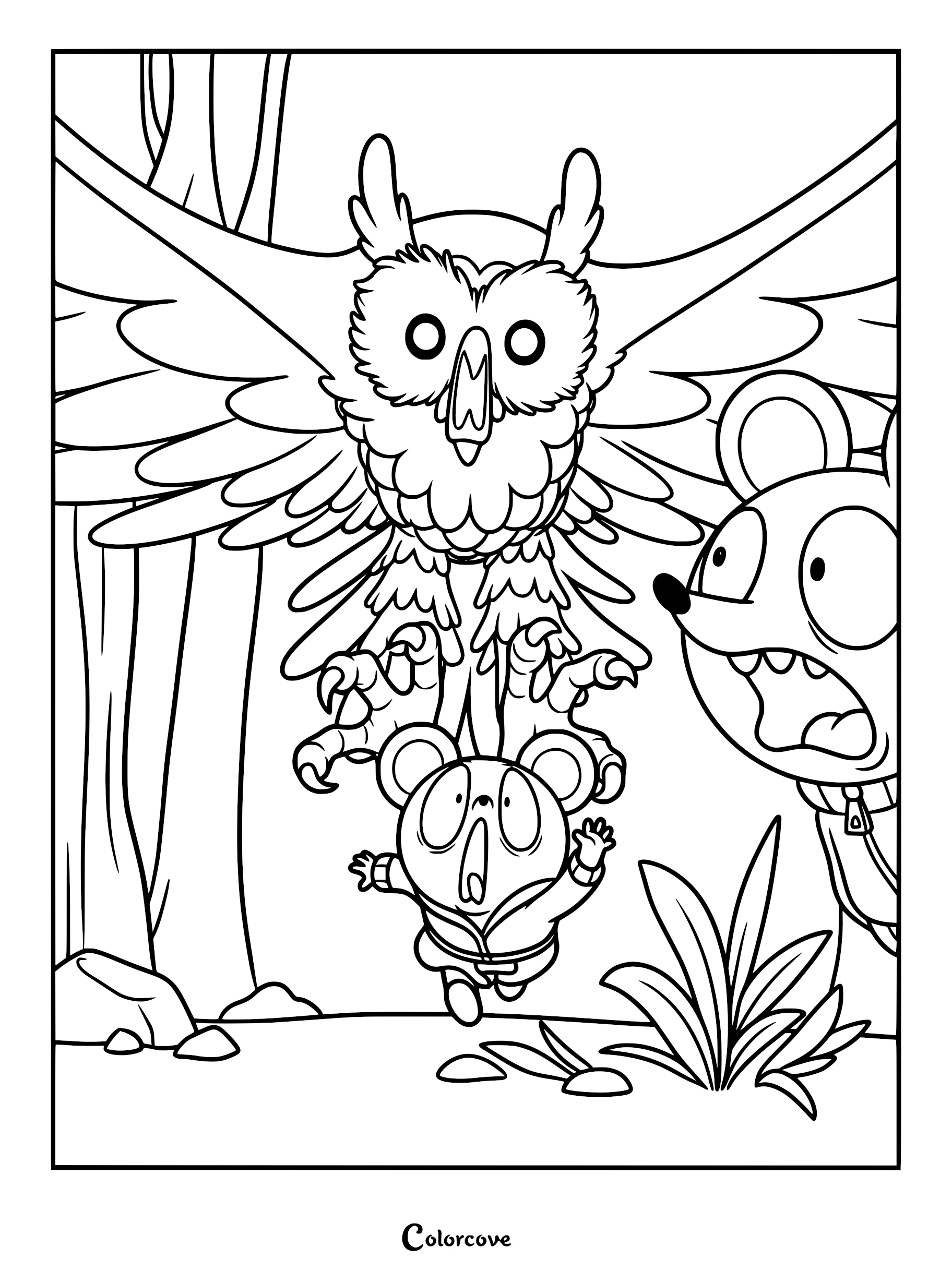 A detailed coloring page of The Owl with large wings and sharp talons swooping toward a mouse while Arnold watches in horror.