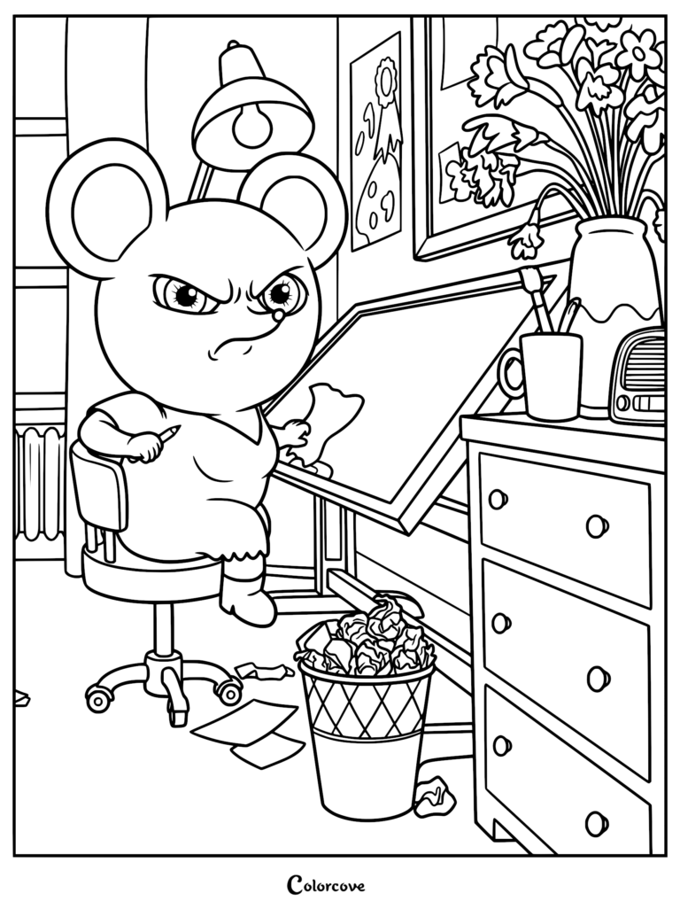Detailed María coloring page showing the character at a drafting table with flowers and crumpled paper.