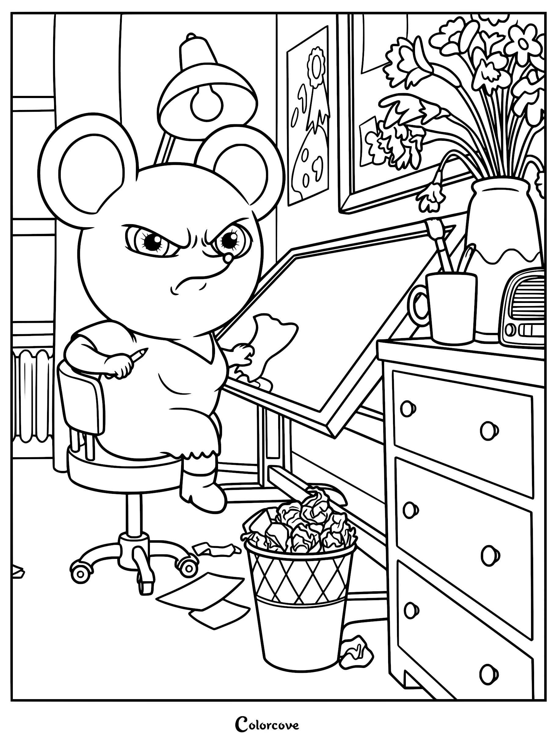 Detailed María coloring page showing the character at a drafting table with flowers and crumpled paper.