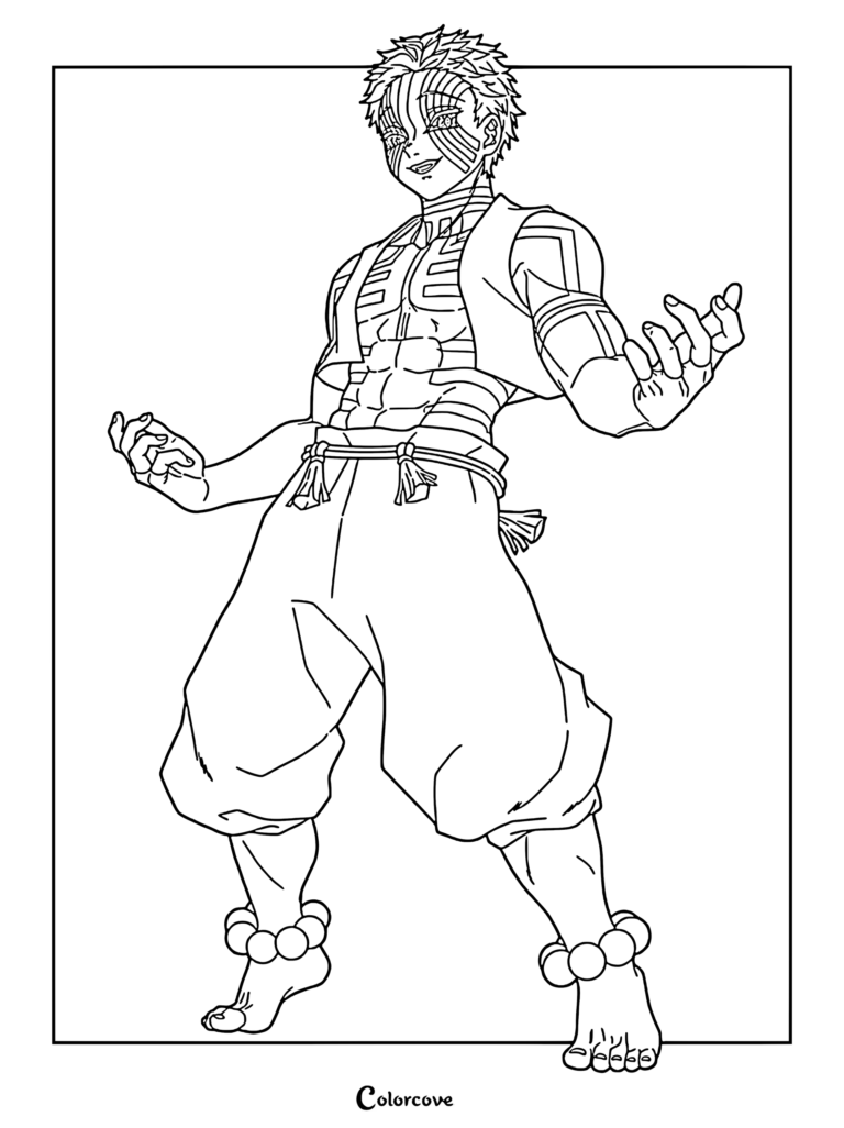 Akaza from Demon Slayer standing in a combat stance with intricate body tattoos and ankle beads in this detailed line art coloring page.