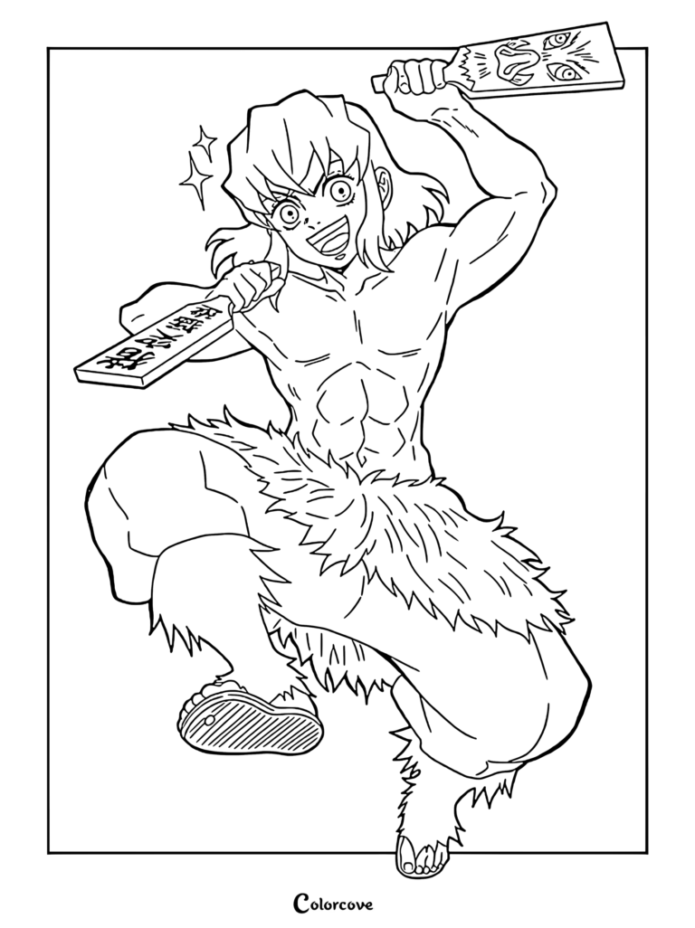Inosuke Hashibira from Demon Slayer holding two wooden hanetsuki paddles in a dynamic pose for a printable coloring page.