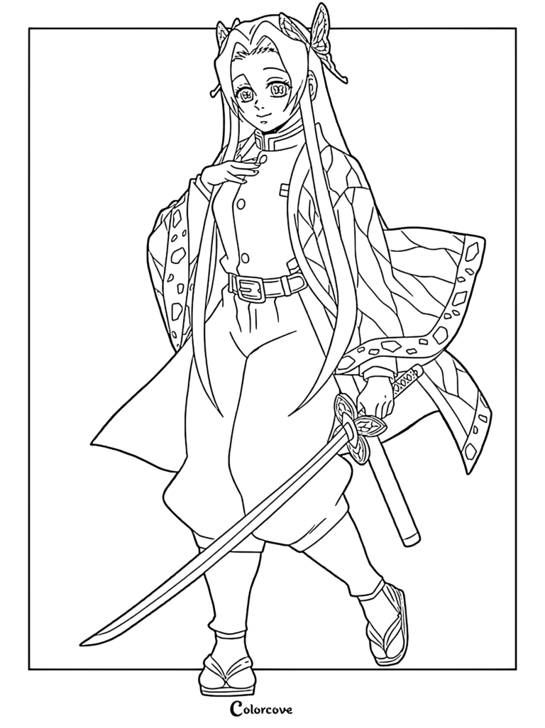 Kanae Kochou from Demon Slayer wearing her butterfly haori and holding a nichirin sword in a detailed line art coloring page.
