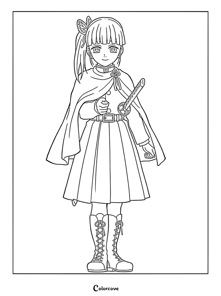 Kanao Tsuyuri from Demon Slayer wearing her butterfly hair accessory and cape in a detailed line art coloring page.