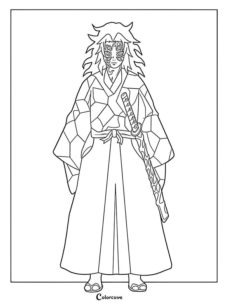 Kokushibo from Demon Slayer with six eyes and katana in a printable coloring page format.