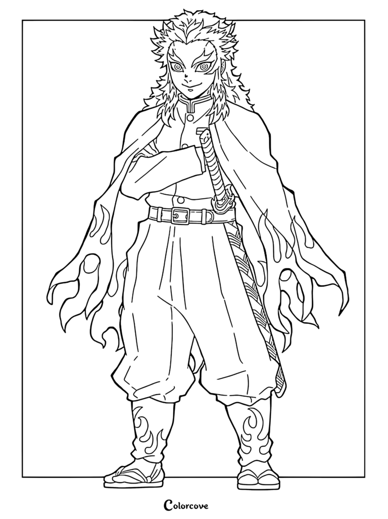 Kyojuro Rengoku standing with arms crossed wearing his flame-patterned haori in this detailed Demon Slayer coloring page.