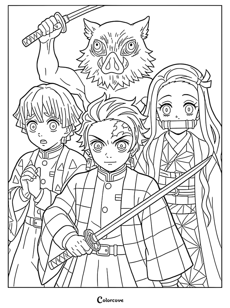Tanjiro Kamado, Nezuko Kamado, Zenitsu Agatsuma, and Inosuke Hashibira in a Demon Slayer coloring page illustration.