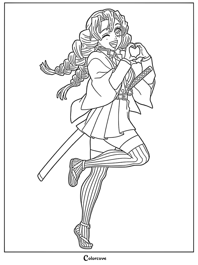 Mitsuri Kanroji from Demon Slayer making a heart shape with her hands in this printable coloring page.