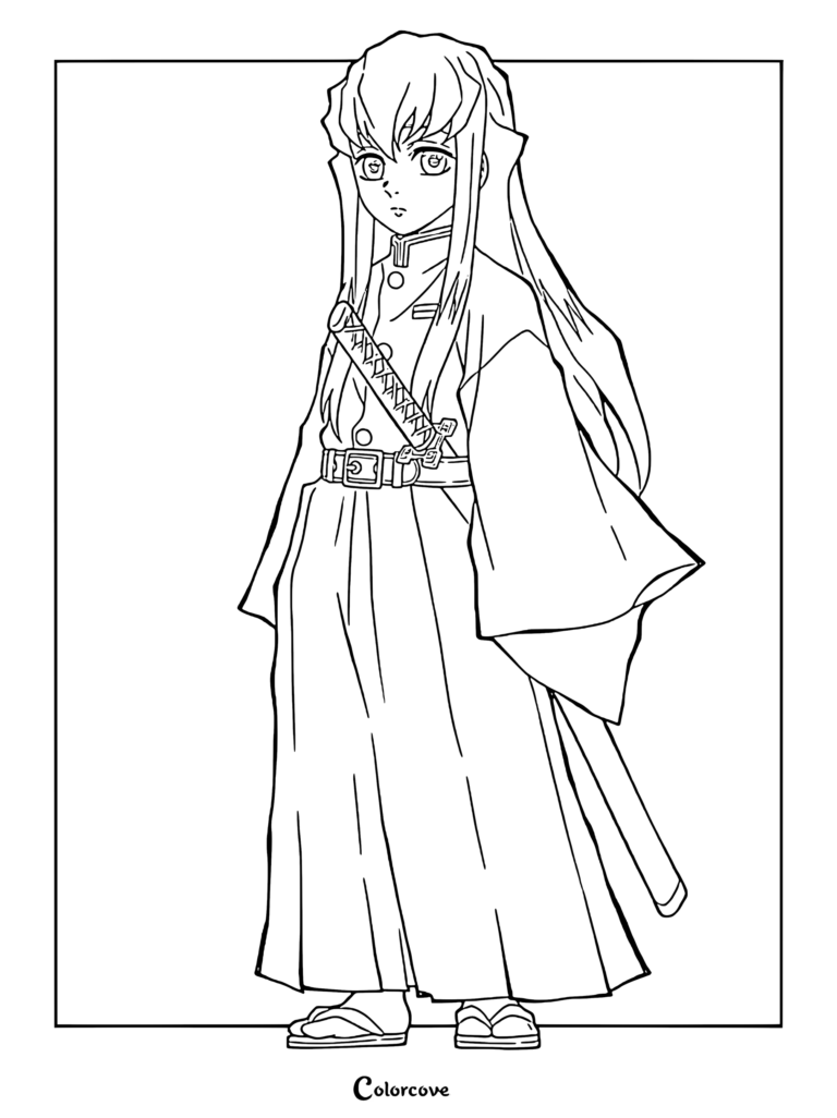 Muichiro Tokito from Demon Slayer standing in his uniform with a katana, detailed line art coloring page.