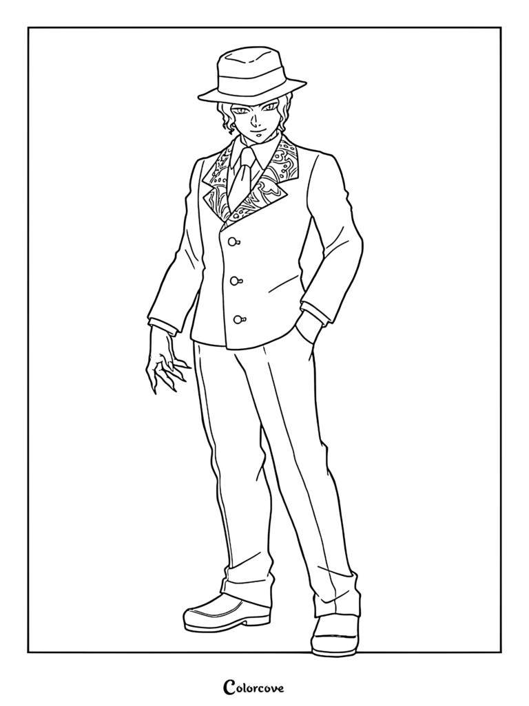 Muzan Kibutsuji wearing a fedora and patterned suit jacket in this detailed Demon Slayer coloring page.