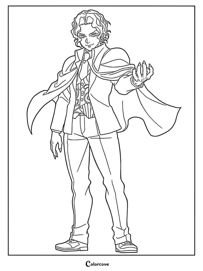Muzan Kibutsuji in his signature suit and cape, a detailed Demon Slayer character coloring page.