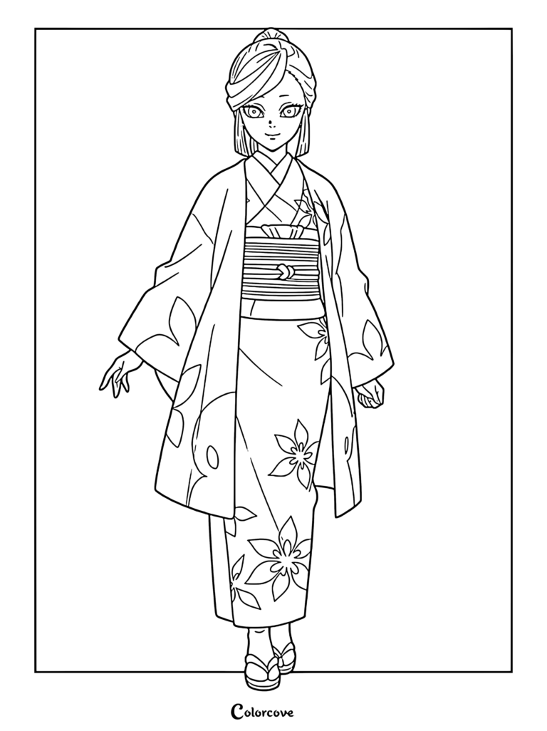 Amane Ubuyashiki wearing a floral patterned kimono and haori in this detailed Demon Slayer coloring page.