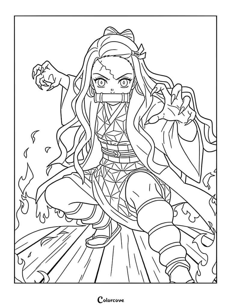Nezuko Kamado in her awakened demon form with claws and horn, featured in a dynamic action pose for a printable coloring page.