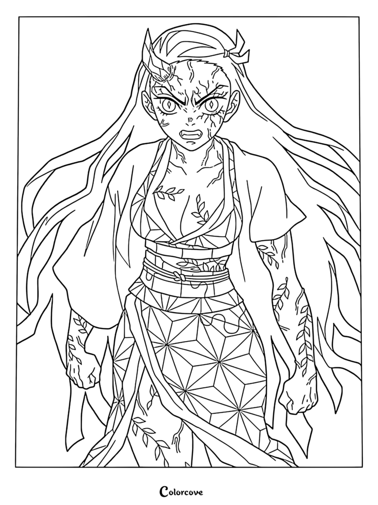 Nezuko Kamado in her Advanced Demon Form with horn and vine markings as a printable coloring page.