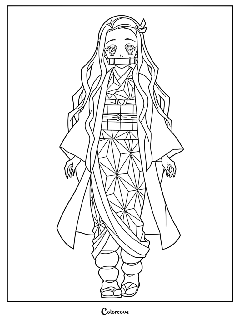 Nezuko Kamado wearing her signature pink kimono with a white and red checkered obi in this printable coloring page.