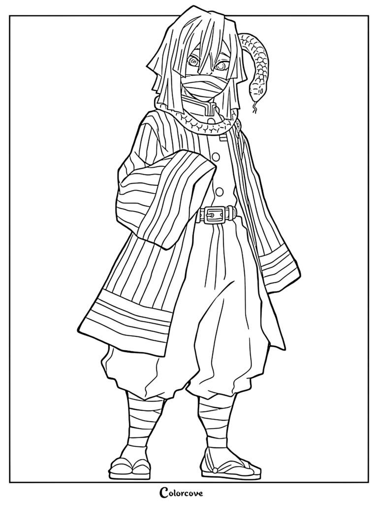 Obanai Iguro from Demon Slayer wearing his striped haori with his snake Kaburamaru, detailed line art coloring page.
