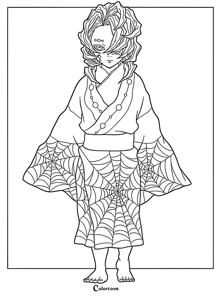Rui from Demon Slayer wearing a kimono with spider web patterns in this detailed coloring page.