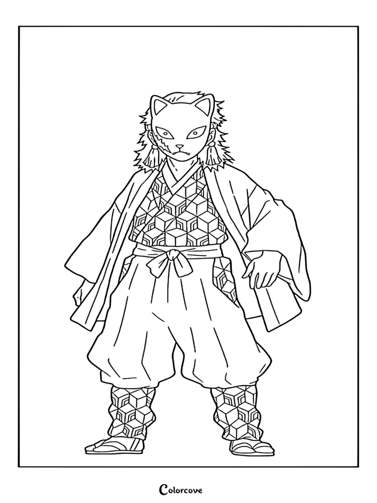 Sabito from Demon Slayer wearing his signature fox mask and geometric patterned haori in a printable coloring page format.